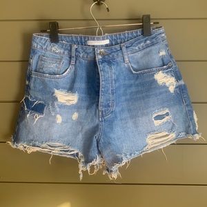 Zara Trafaluc Button Fly Denim Makers Distressed Patch Work Jean Shorts.…